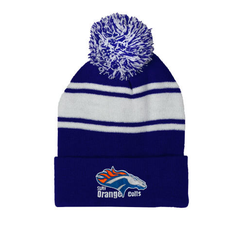  Royal/White Two Tone Knit Pom Beanie w/Cuff - Primary Logo