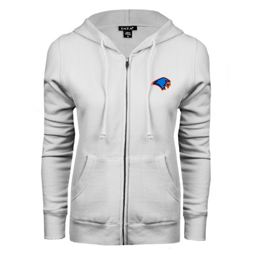 ENZA Womens White Fleece Full Zip Hoodie - Hawk Head