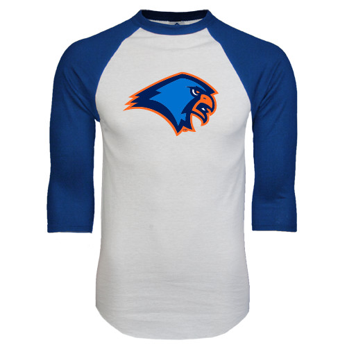  White/Royal Raglan Baseball T Shirt - Hawk Head