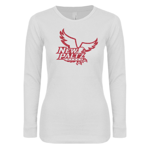  Womens White Long Sleeve V Neck Tee - Official Logo Pink Glitter