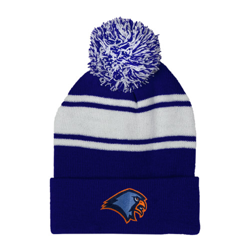  Royal/White Two Tone Knit Pom Beanie w/Cuff - Hawk Head