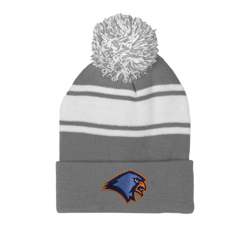 Grey/White Two Tone Knit Pom Beanie w/Cuff - Hawk Head