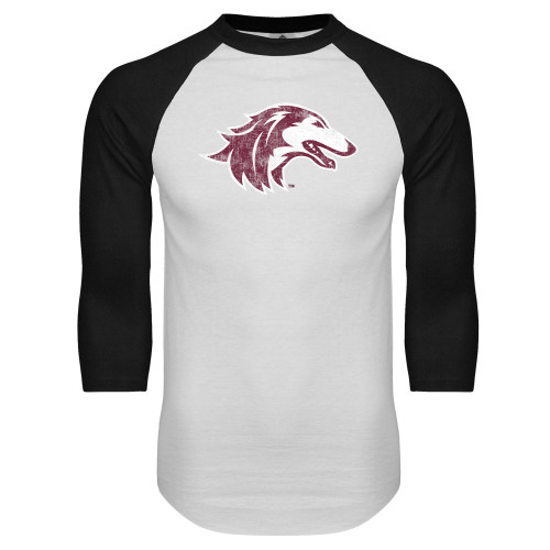  White/Black Raglan Baseball T Shirt - Saluki Distressed