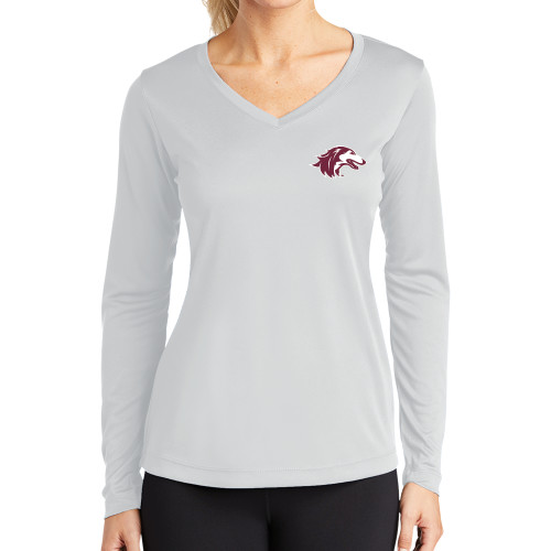  Womens White Performance Long Sleeve V Neck Shirt - Saluki