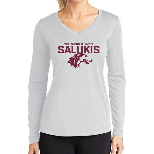  Womens White Performance Long Sleeve V Neck Shirt - Southern Illinois Salukis