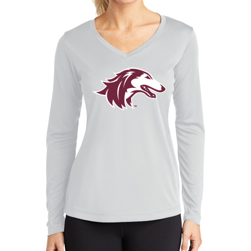  Womens White Performance Long Sleeve V Neck Shirt - Saluki