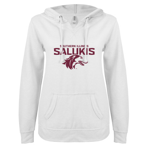  ENZA Womens White V Notch Raw Edge Fleece Hoodie - Southern Illinois Salukis