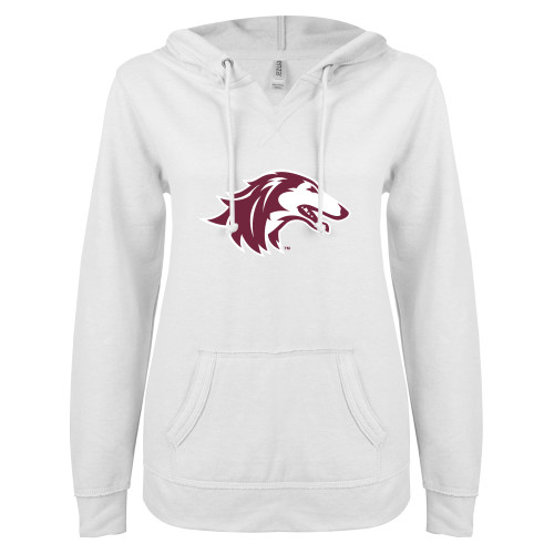  ENZA Womens White V Notch Raw Edge Fleece Hoodie - Saluki