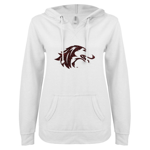  ENZA Womens White V Notch Raw Edge Fleece Hoodie - Burgundy Glitter