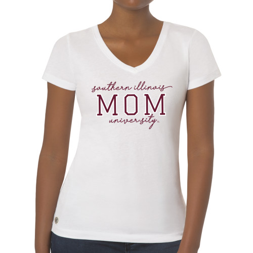  Fall Rush Ladies White V Neck Tee - Mom Southern Illinois University Script