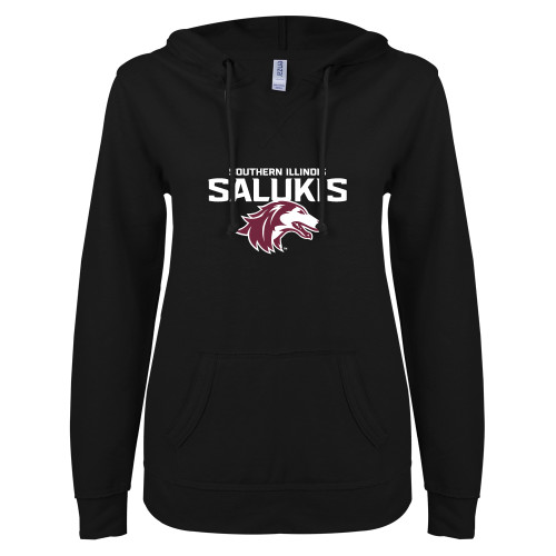  ENZA Womens Black V Notch Raw Edge Fleece Hoodie - Southern Illinois Salukis