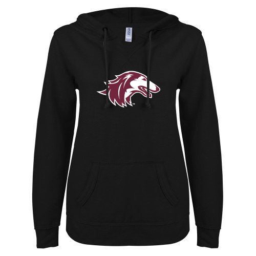  ENZA Womens Black V Notch Raw Edge Fleece Hoodie - Saluki