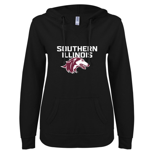  ENZA Womens Black V Notch Raw Edge Fleece Hoodie - Southern Illinois