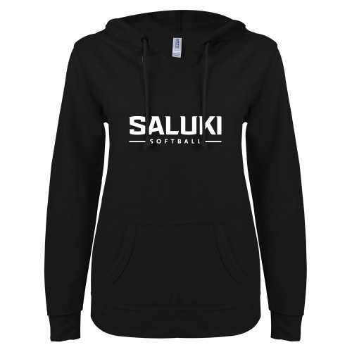  ENZA Womens Black V Notch Raw Edge Fleece Hoodie - Softball