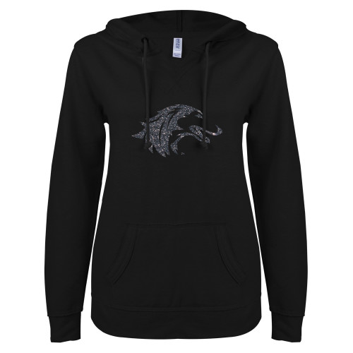  ENZA Womens Black V Notch Raw Edge Fleece Hoodie - Graphite Soft Glitter