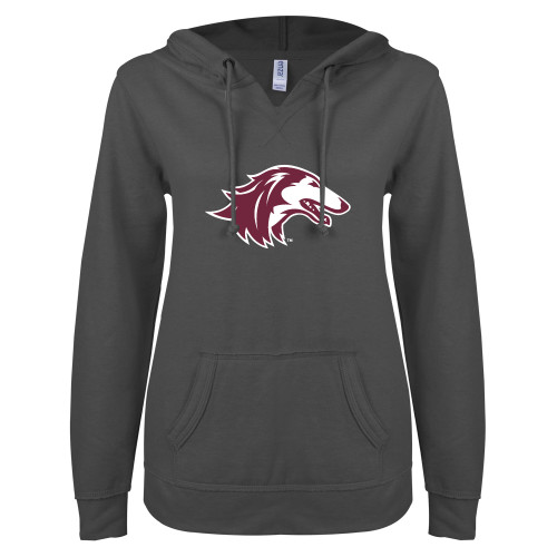  ENZA Womens Dark Heather V Notch Raw Edge Fleece Hoodie - Saluki