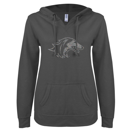  ENZA Womens Dark Heather V Notch Raw Edge Fleece Hoodie - Silver Soft Glitter