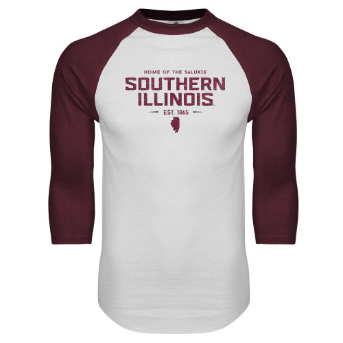 White/Maroon Raglan Baseball T Shirt - Southern Illinois Graphic