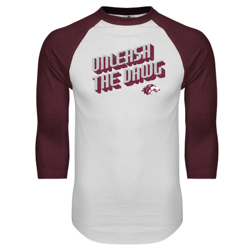  White/Maroon Raglan Baseball T Shirt - Unleash the Dawg