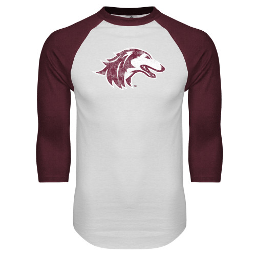  White/Maroon Raglan Baseball T Shirt - Saluki Distressed