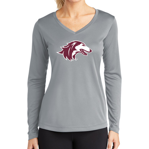  Womens Grey Performance Long Sleeve V Neck Shirt - Saluki