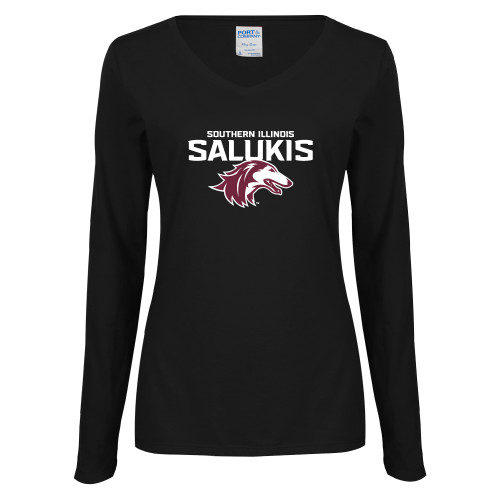  Womens Black Long Sleeve V Neck Tee  - Southern Illinois Salukis