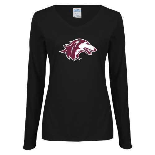  Womens Black Long Sleeve V Neck Tee  - Saluki