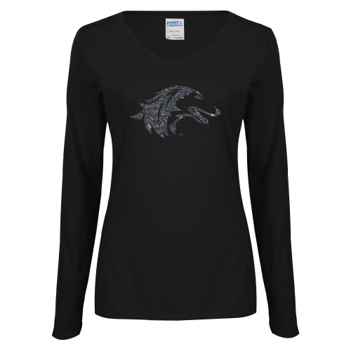  Womens Black Long Sleeve V Neck Tee  - Graphite Soft Glitter