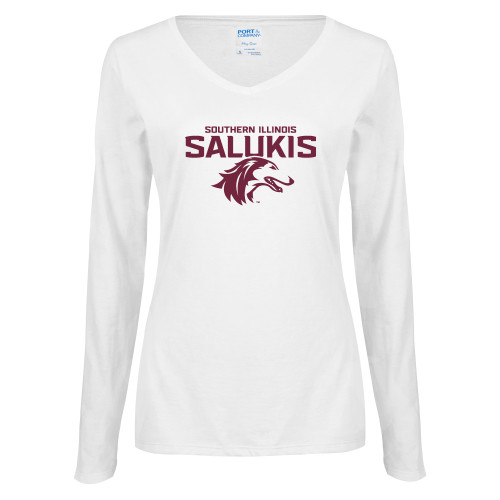  Womens White Long Sleeve V Neck Tee - Southern Illinois Salukis