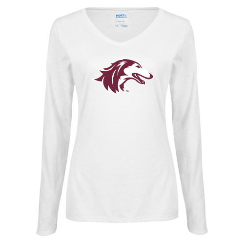  Womens White Long Sleeve V Neck Tee - Saluki
