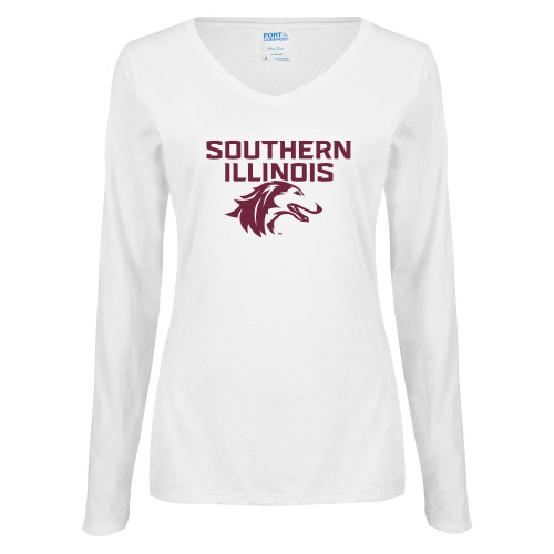  Womens White Long Sleeve V Neck Tee - Southern Illinois