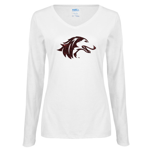  Womens White Long Sleeve V Neck Tee - Burgundy Glitter