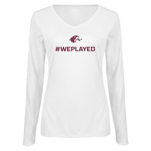  Womens White Long Sleeve V Neck Tee - We Played