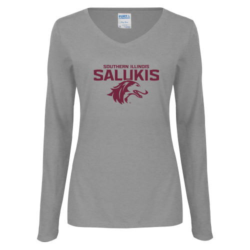  Womens Grey Long Sleeve V Neck Tee  - Southern Illinois Salukis