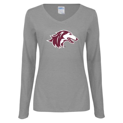  Womens Grey Long Sleeve V Neck Tee  - Saluki