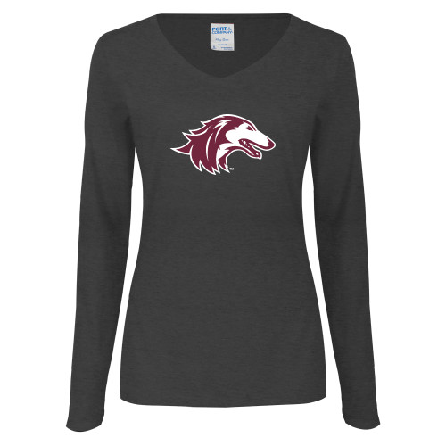  Womens Dark Heather Long Sleeve V Neck Tee  - Saluki