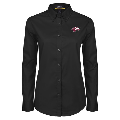  Womens Black Twill Button Down Long Sleeve  - Saluki