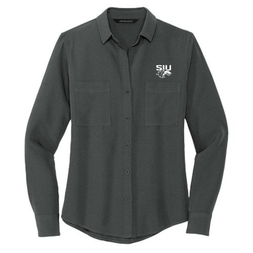  Mercer + Mettle Womens Grey Crepe Long Sleeve Camp Blouse - SIU with Mascot