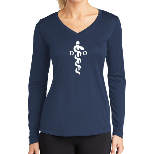  Womens Navy Performance Long Sleeve V Neck Shirt - Medical Logo