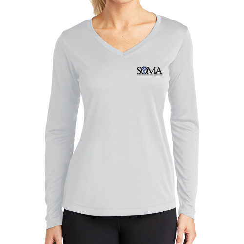  Womens White Performance Long Sleeve V Neck Shirt - Primary Mark
