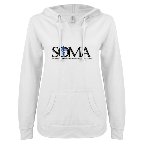  ENZA Womens White V Notch Raw Edge Fleece Hoodie - Primary Mark