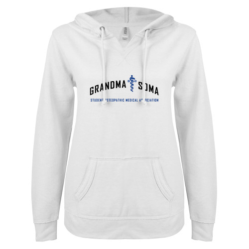  ENZA Womens White V Notch Raw Edge Fleece Hoodie - Arch Grandma SOMA
