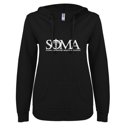  ENZA Womens Black V Notch Raw Edge Fleece Hoodie - Primary Mark