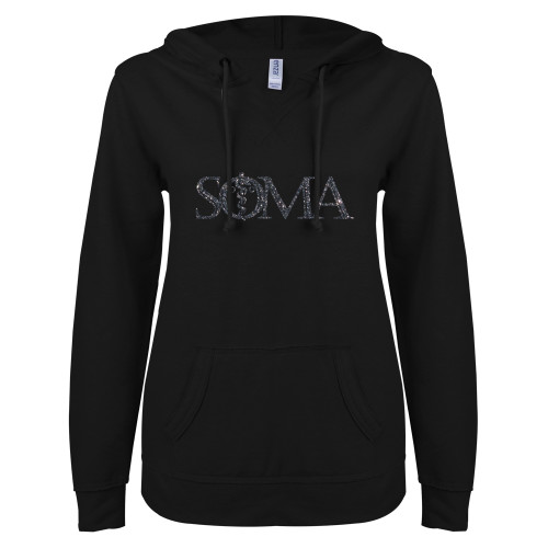  ENZA Womens Black V Notch Raw Edge Fleece Hoodie - F Graphite Soft Glitter