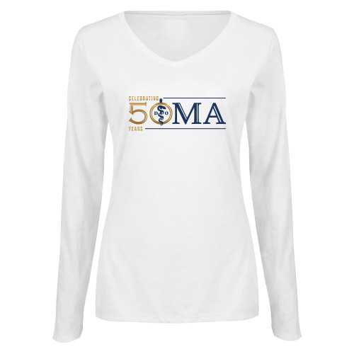  Womens White Long Sleeve V Neck Tee - 50 Years Edition.