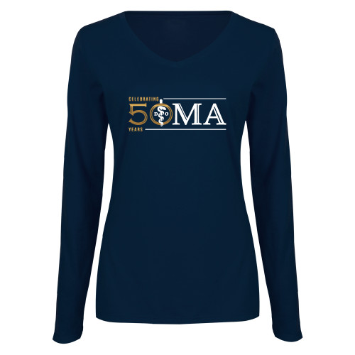  Womens Navy Long Sleeve V Neck Tee - 50 Years Edition.