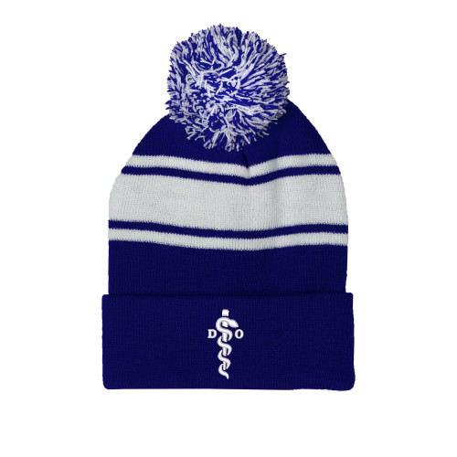  Royal/White Two Tone Knit Pom Beanie w/Cuff - Medical Logo