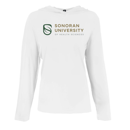  Womens White Long Sleeve Hooded Tee - Sonoran Logo