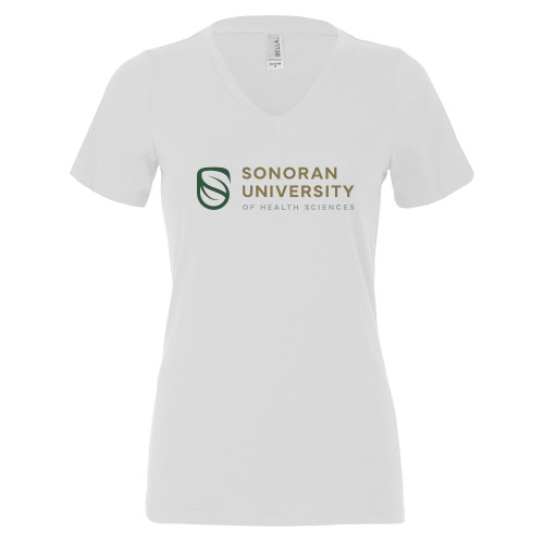  Bella + Canvas Womens White V Neck Cotton T Shirt - Sonoran Logo