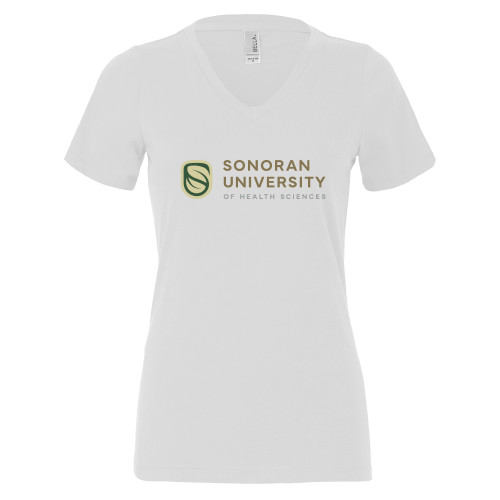  Bella + Canvas Womens White V Neck Cotton T Shirt - Sonoran Logo